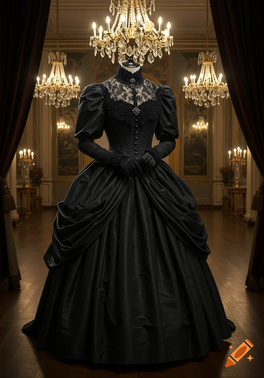 A black Victorian-style gown on a headless mannequin stands in a luxurious, chandelier-lit ballroom.