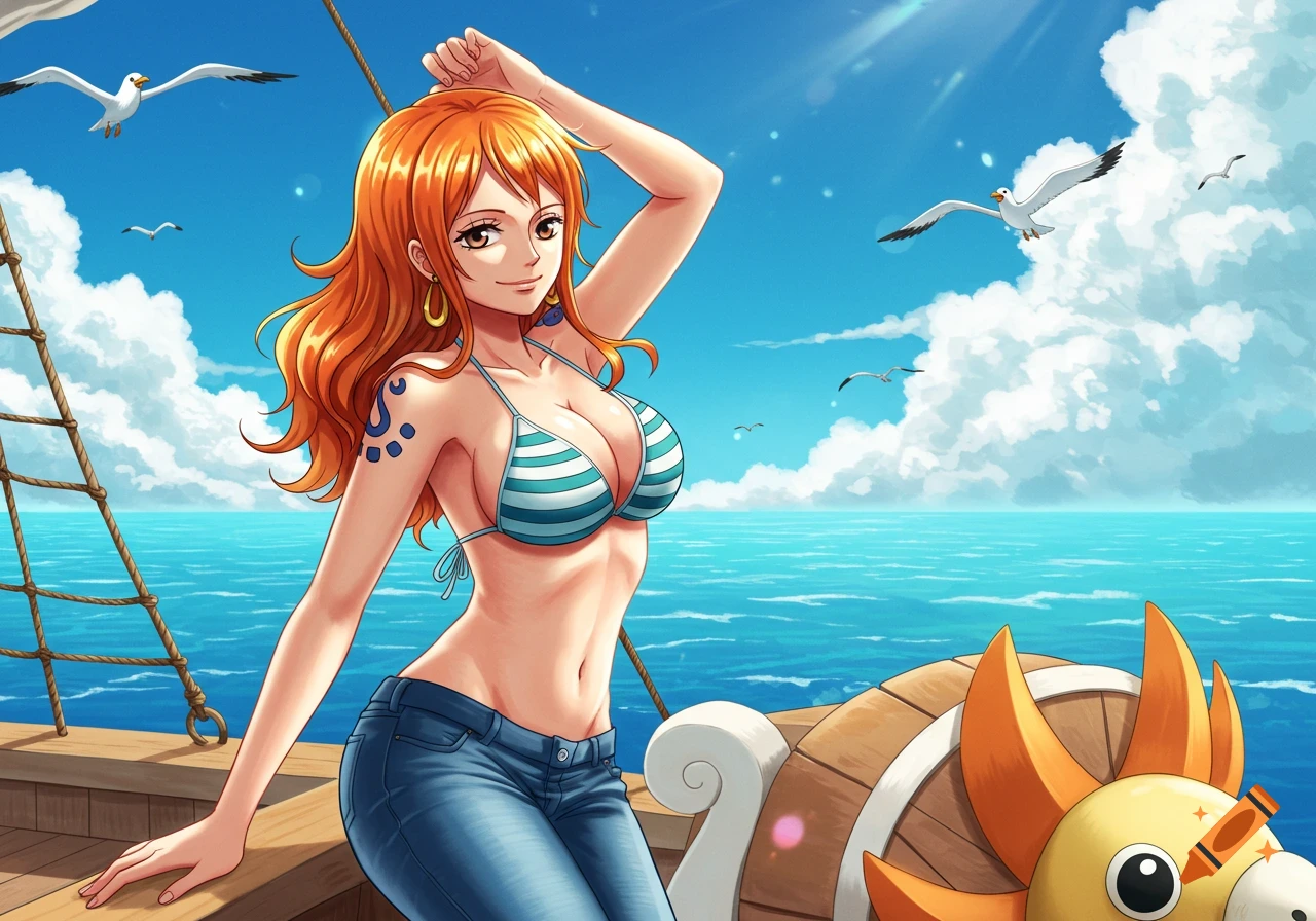 Anime illustration of Nami from One Piece in a striped bikini top and jeans, posing on a ship deck with the ocean and sky.