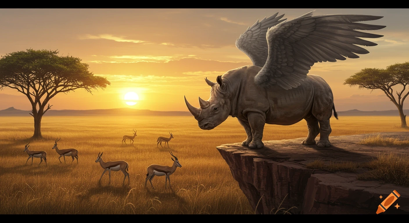 A majestic winged rhino stands on a cliff overlooking a golden savanna with gazelles at sunset, in a digital art style.