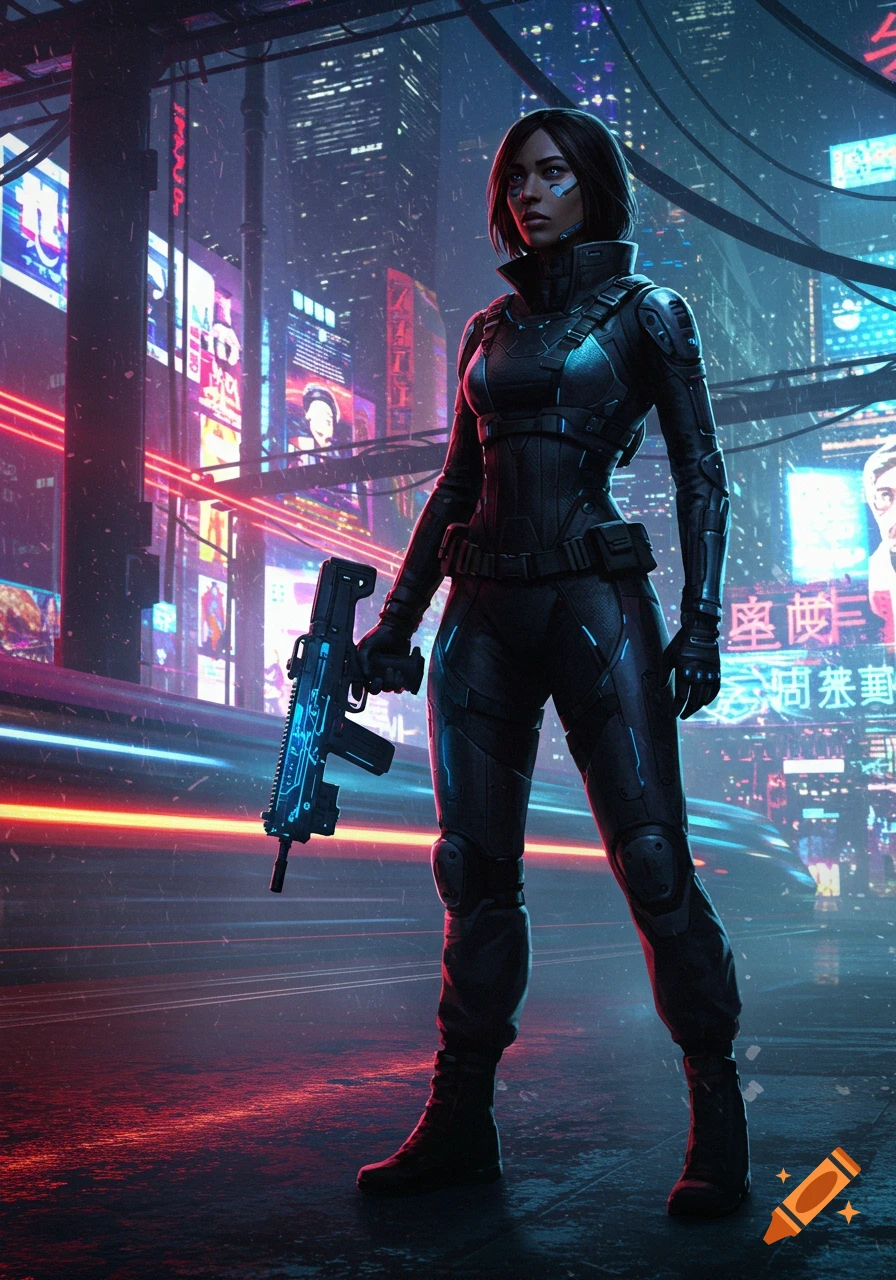 A woman in a futuristic black suit with a glowing gun stands in a neon-lit cyberpunk city at night.