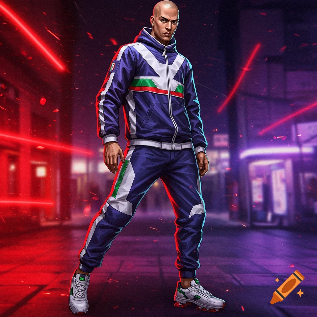 An illustrative image of a bald man in a blue and white tracksuit with Italian flag colors, standing in a dark, neon-lit city street with red laser lights.
