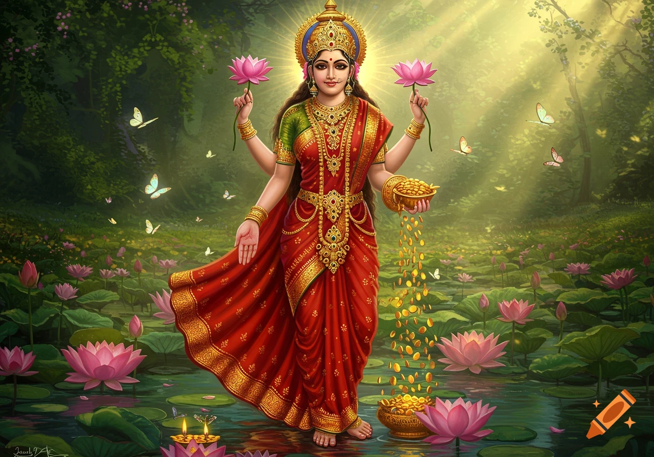 Goddess Lakshmi in red and gold attire, holding lotuses and pouring gold coins from a bowl into a lotus-filled pond, surrounded by butterflies in a lush forest.