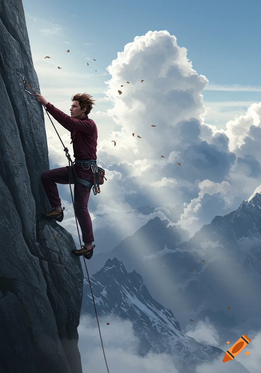 A man in maroon clothing rock climbing a steep mountain face with snowy peaks and clouds in the background under a blue sky.