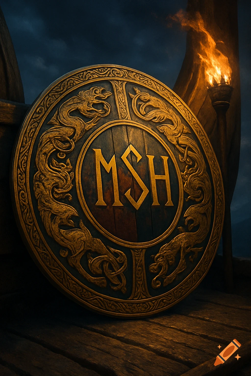 A close-up of a golden and dark Viking battle shield with MSH initials and dragon carvings, on a wooden deck with a torch.