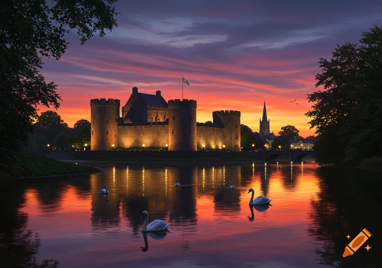 A historical castle with illuminated walls reflected in a river, beneath a vibrant orange and purple sunset sky with swans swimming.