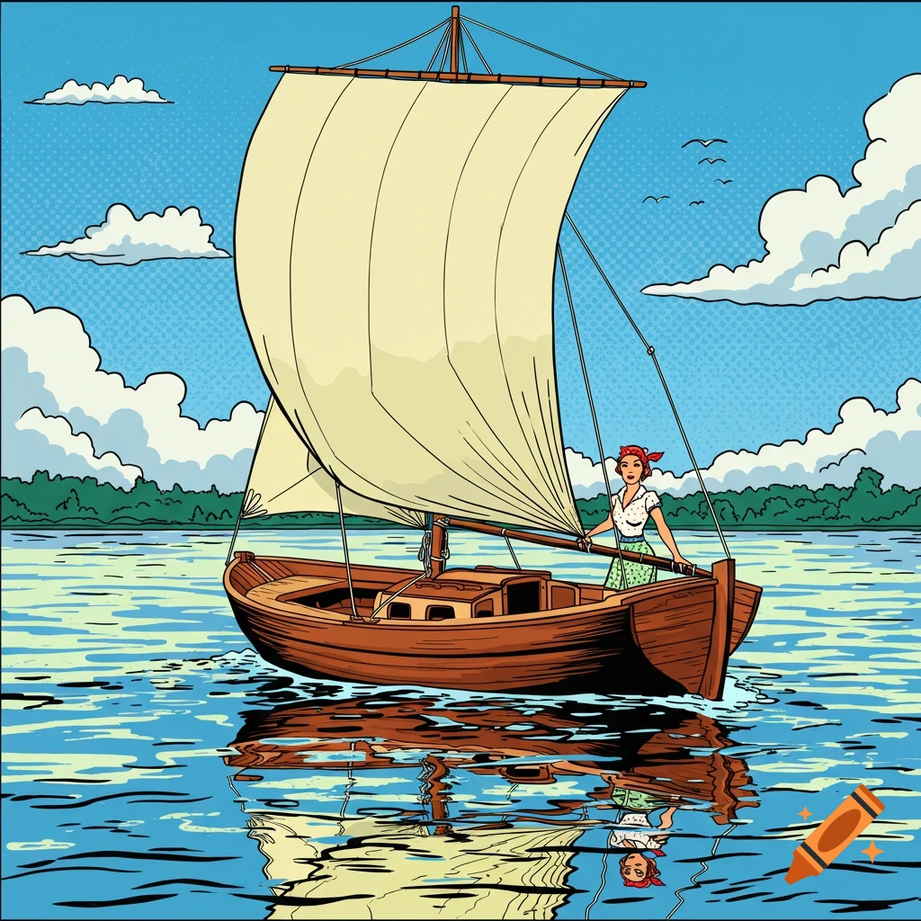 Pop art illustration of a woman sailing an open sailboat on a lake with reflections and clouds.