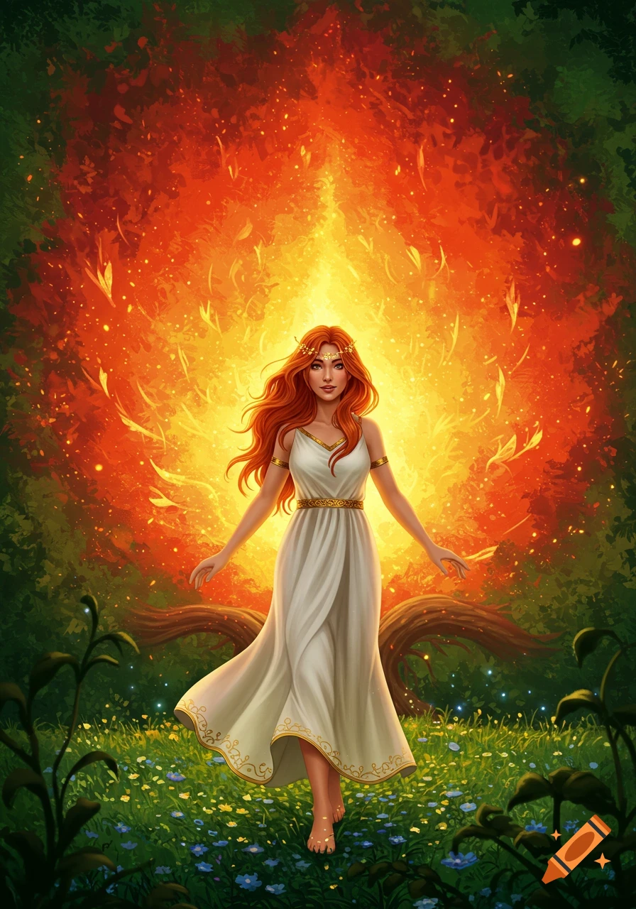 A red-haired woman in a white gown stands barefoot in a flowery forest, bathed in the radiant orange and yellow glow of a magical phoenix tree.