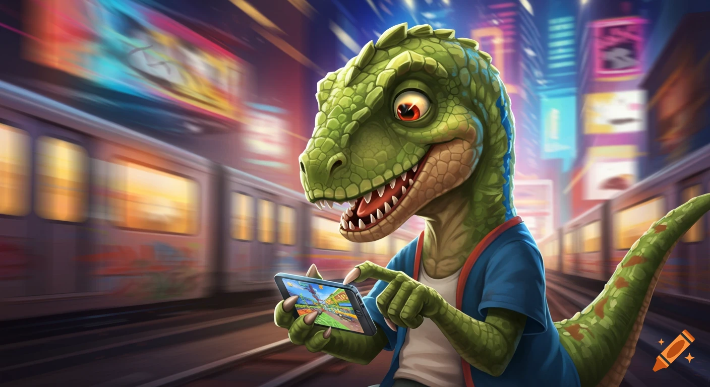 A cartoon dinosaur in a blue shirt plays a mobile game on a smartphone on a blurry subway platform with city lights.