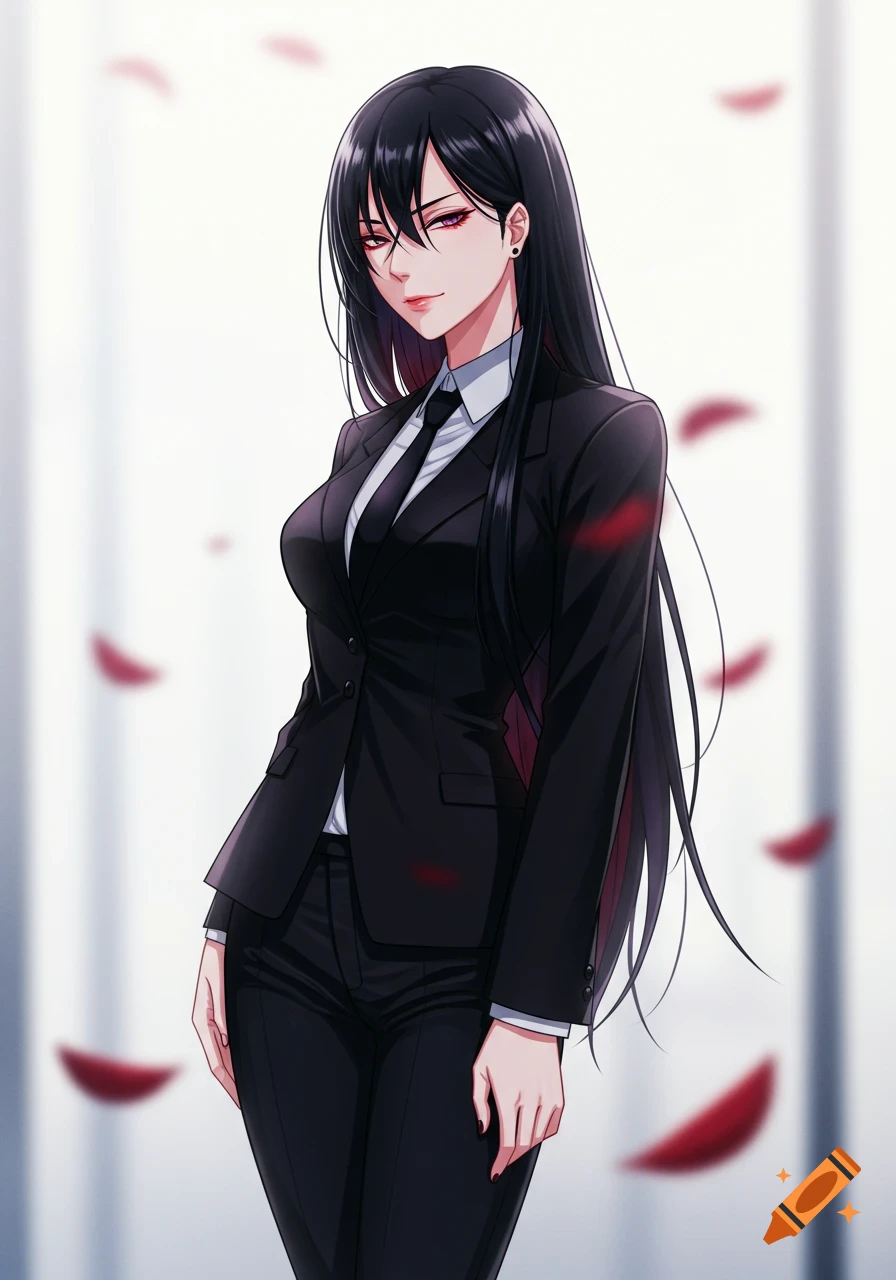Anime woman with long black hair, red eyes, wearing a black suit and tie, smiling provocatively on a white background with red accents.