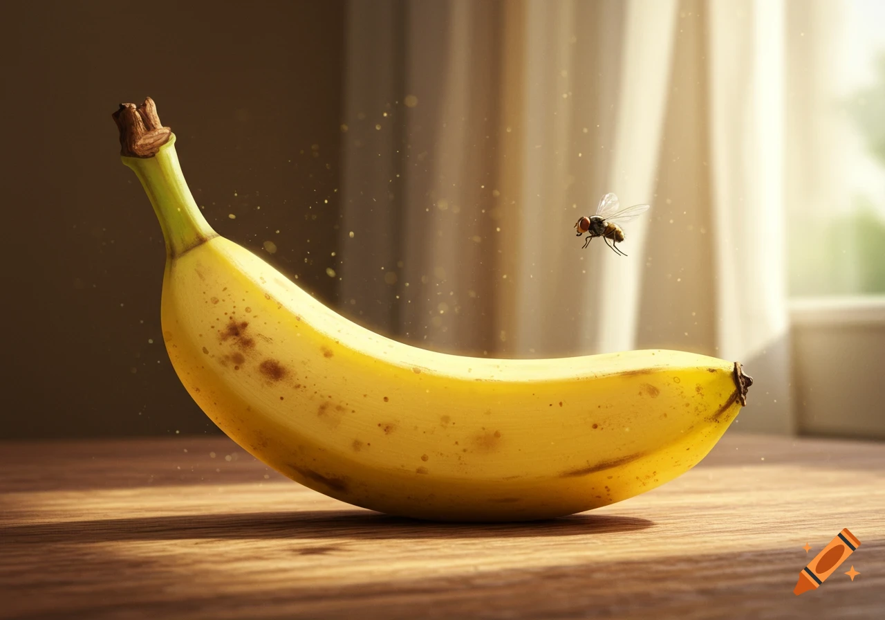 A ripe yellow banana with brown spots on a wooden table, with a fly hovering above it in warm light.