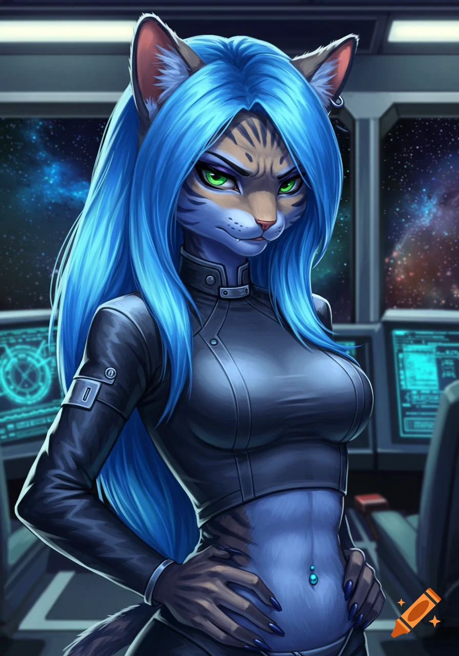 A frowning anthropomorphic catgirl with long blue hair, green eyes, and blue nails wearing a sci-fi uniform croptop, standing on a starship bridge.
