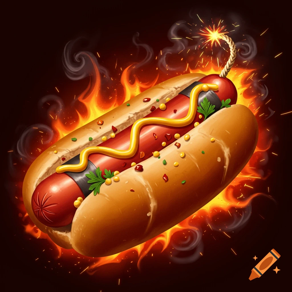 A hotdog with a dynamite stick as the sausage, garnished with mustard, relish, and spices, surrounded by flames and smoke.
