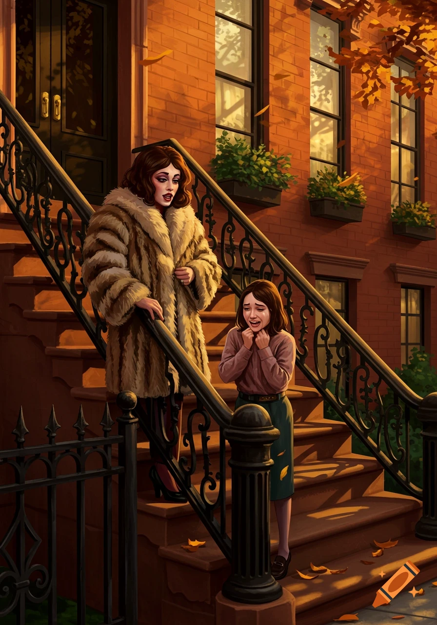 Illustrated emotional reunion of two women on brownstone steps during golden hour with falling autumn leaves.