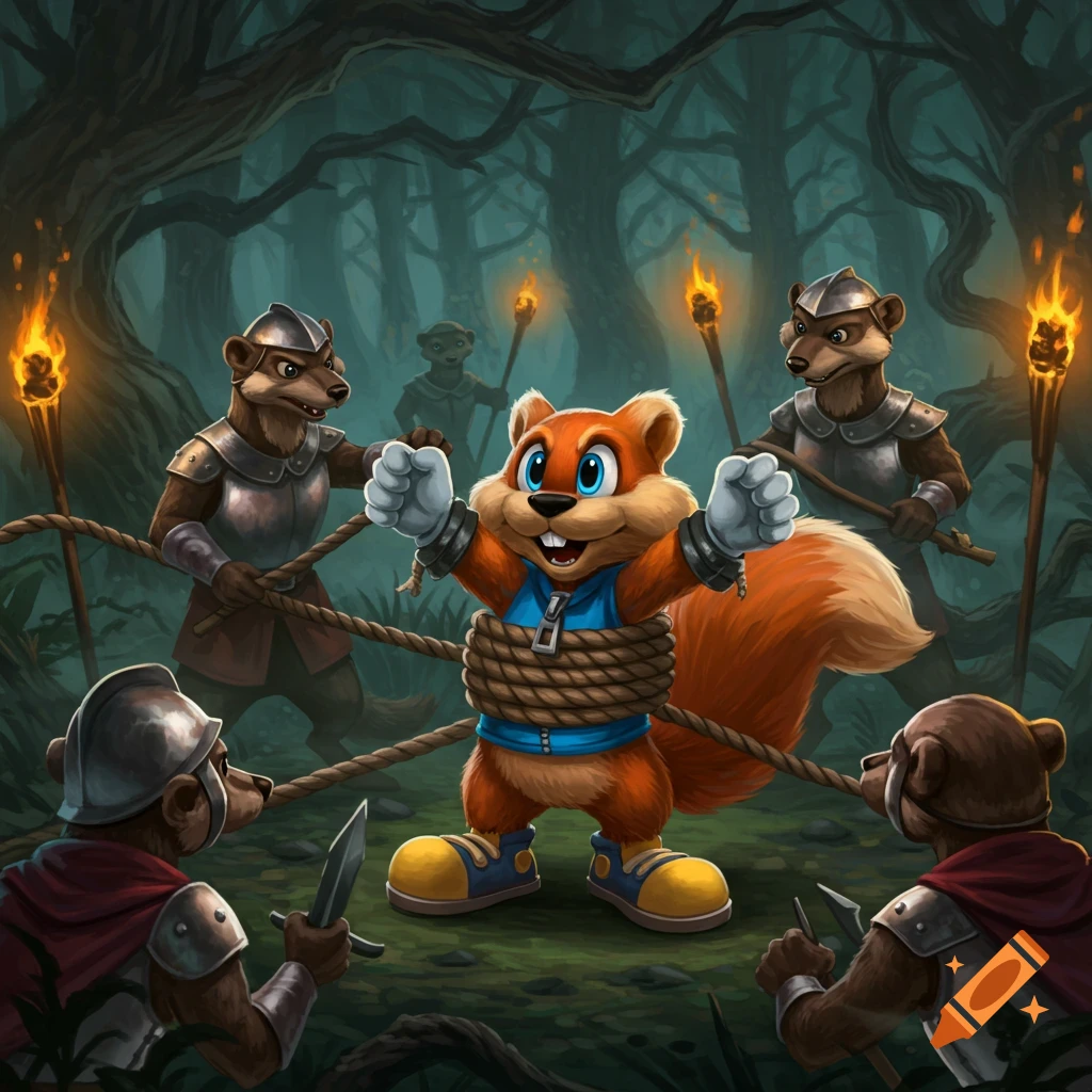 Conker the squirrel, tied with rope, looks panicked amidst weasel guards with torches and weapons in a dark, stylized forest.