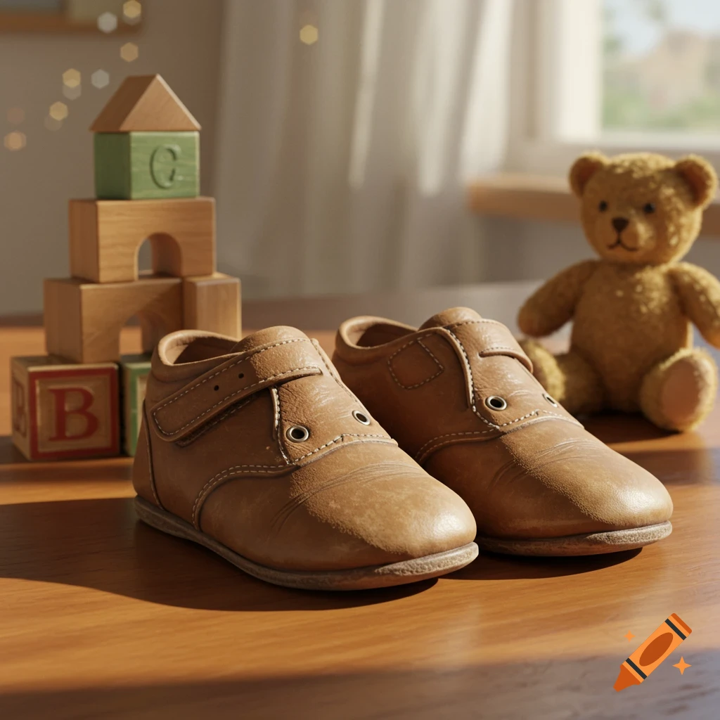 A pair of brown leather baby shoes sit on a wooden table, next to wooden blocks and a teddy bear in a sunlit room.
