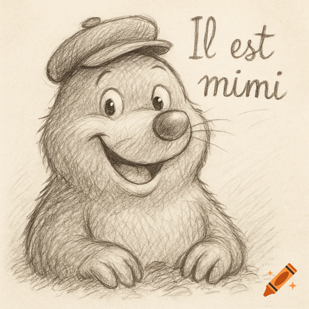 Pencil sketch of a smiling cartoon mole wearing a cap, with the French text 'Il est mimi'.