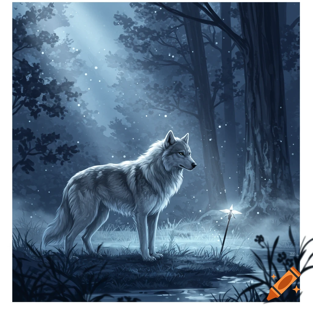 A majestic white wolf stands in a dark, misty forest at night, illuminated by a glowing plant, digital painting.