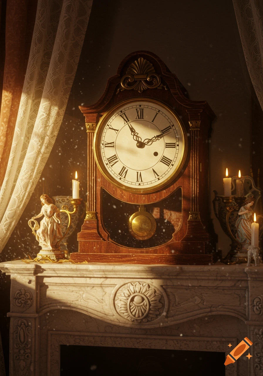 A richly detailed antique wooden grandfather clock sits on a marble fireplace mantel, flanked by lit candles and classical figurines.