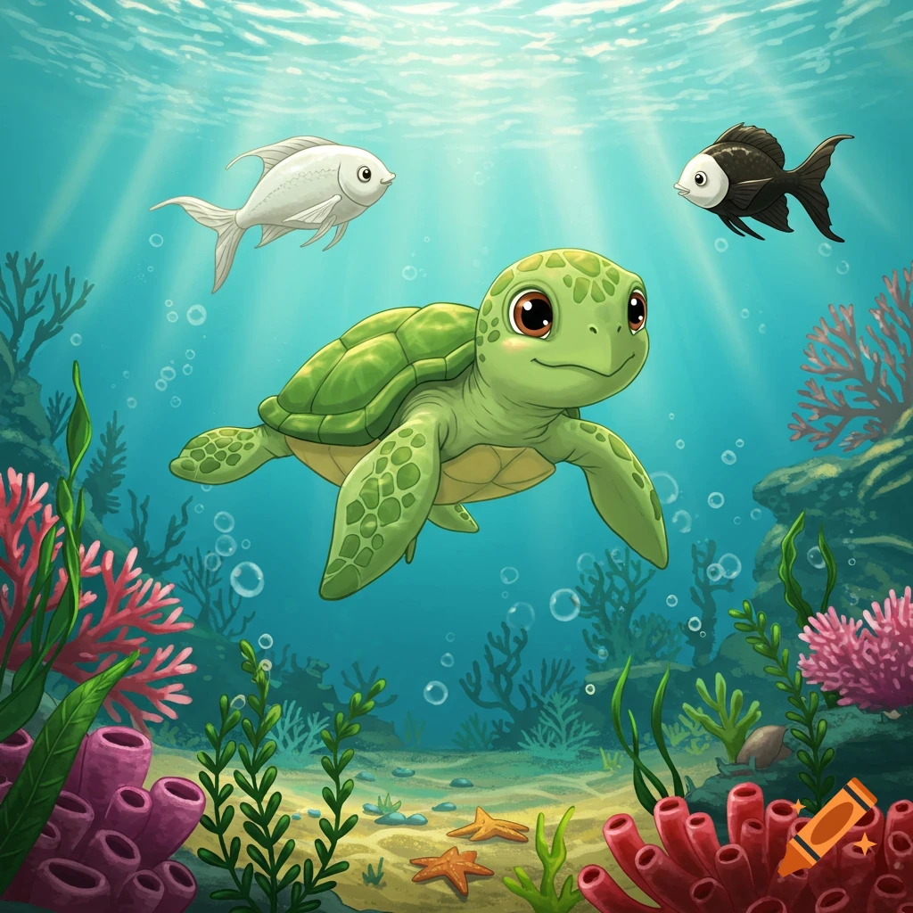 A cute green baby turtle swims in a vibrant cartoon underwater scene with two fish, coral, and starfish.