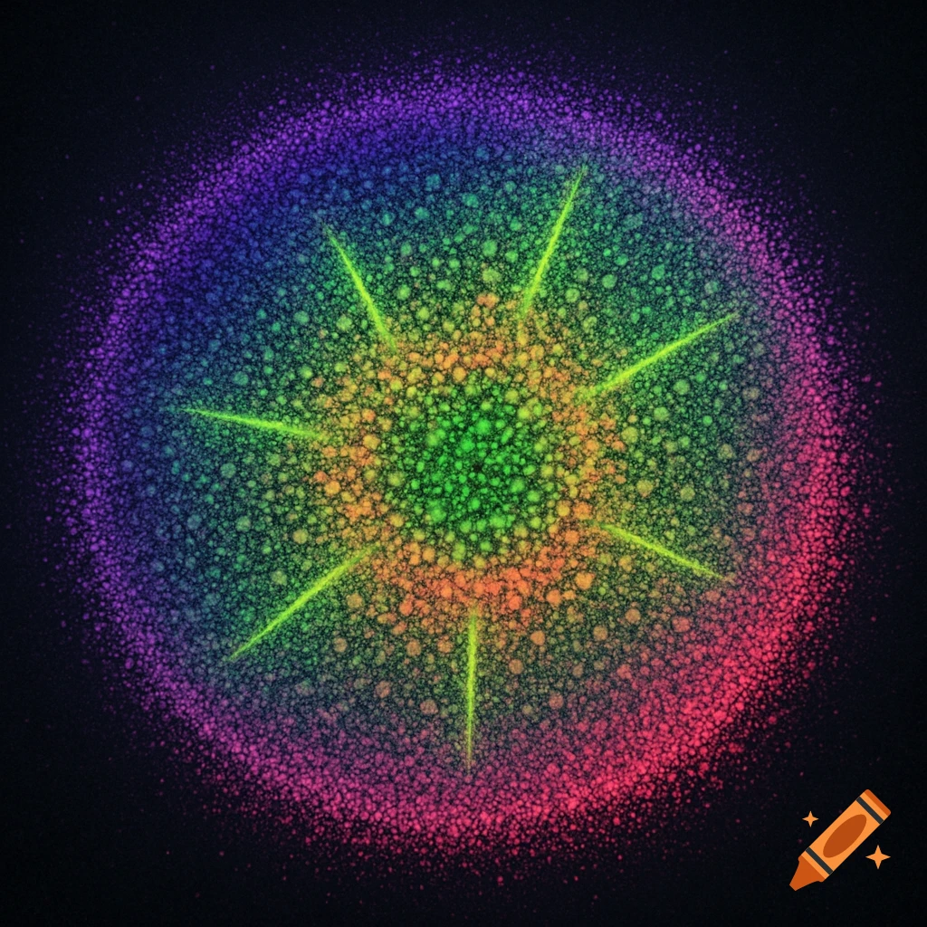 A circular, dotted rainbow-gradient pattern with green light rays emanating from its center on a dark background.