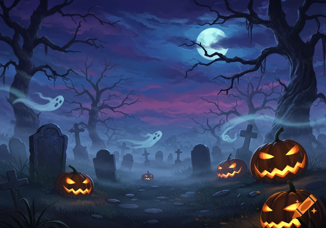 An illustrated Halloween graveyard scene with glowing jack-o'-lanterns, ghostly figures, bare trees, and tombstones under a full moon.