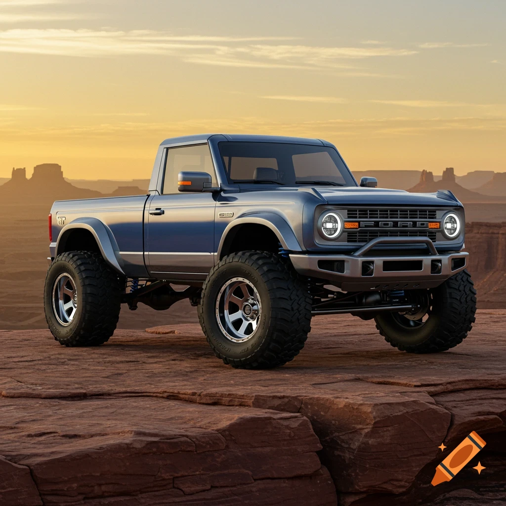 A custom blue Ford Bronco pickup truck with large off-road tires parked on red rock formations in a desert landscape at sunset.