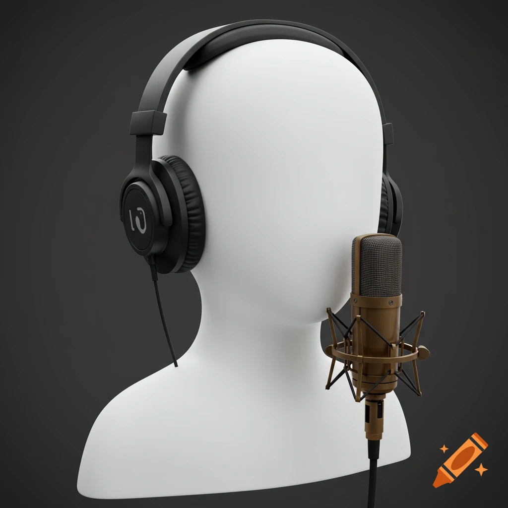 A white mannequin head wears black headphones, with a bronze studio microphone positioned in front, against a dark gray background.