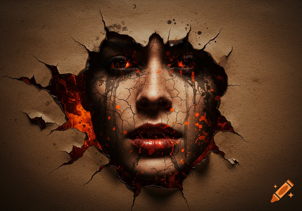 An abstract portrait of a face breaking through cracked paper, with glowing red eyes, dark tears, and fiery magma visible through the cracks.