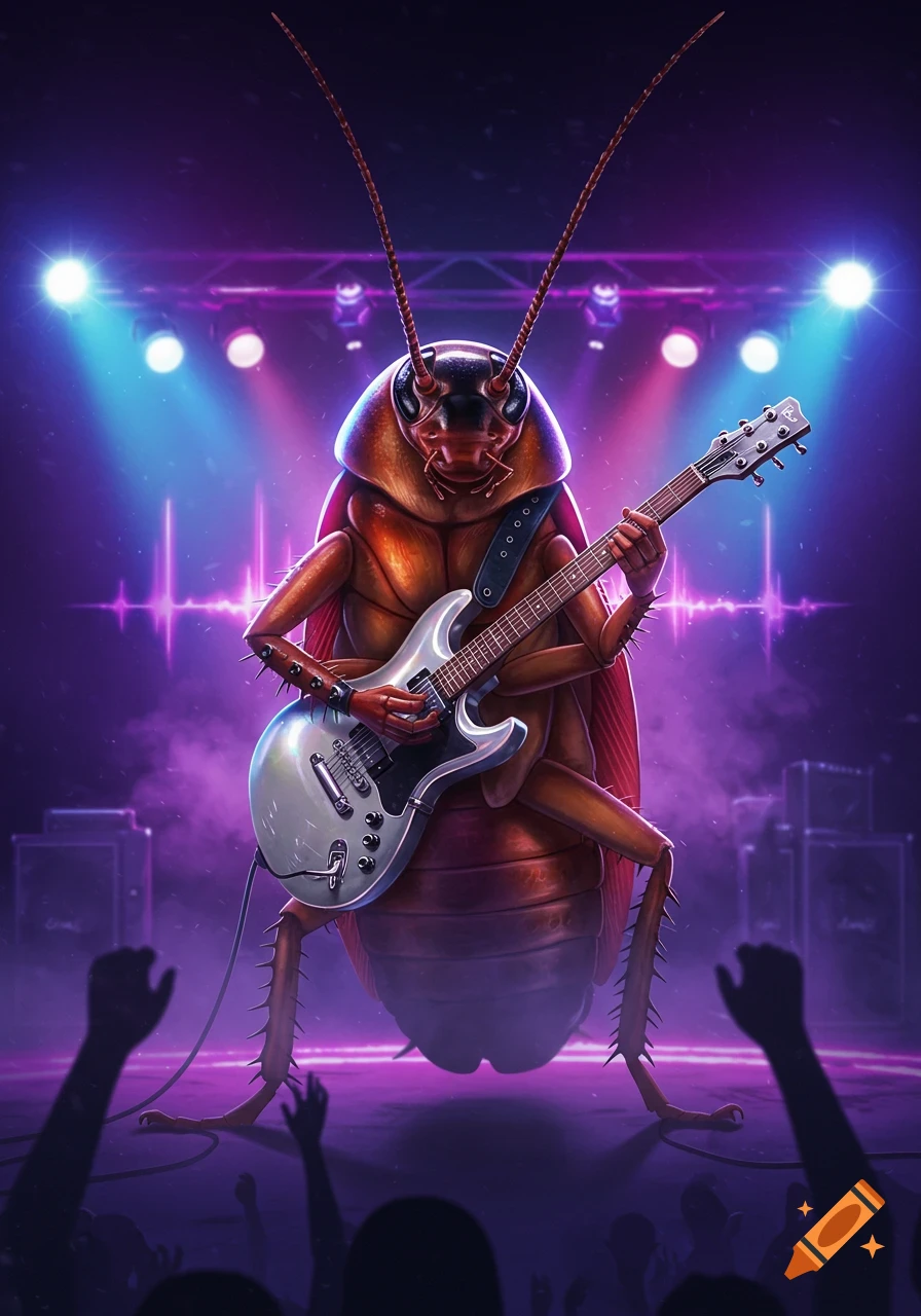 An anthropomorphic cockroach rockstar plays an electric guitar on a purple-lit stage with an audience's raised hands in the foreground.