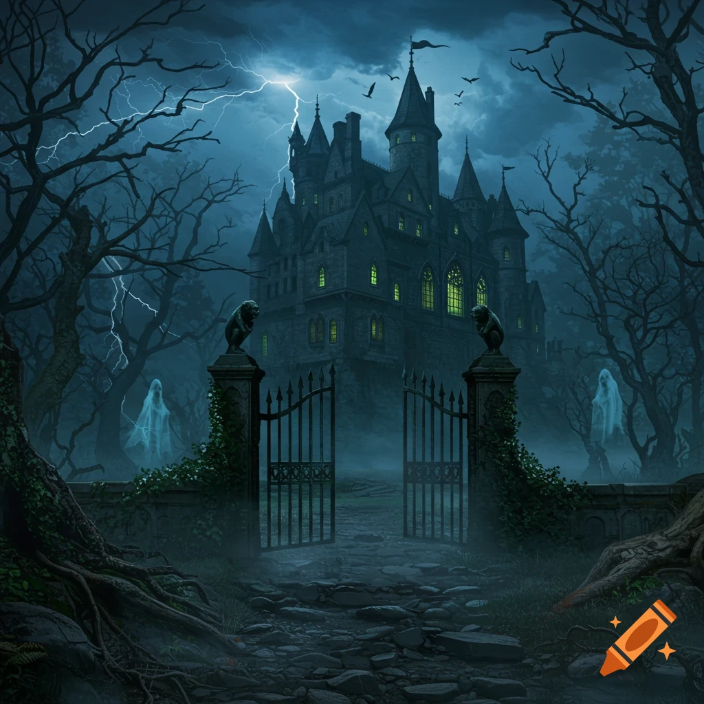 A dark, gothic haunted castle with glowing green windows, flanked by bare trees and ghostly figures under a stormy, lightning-filled sky.
