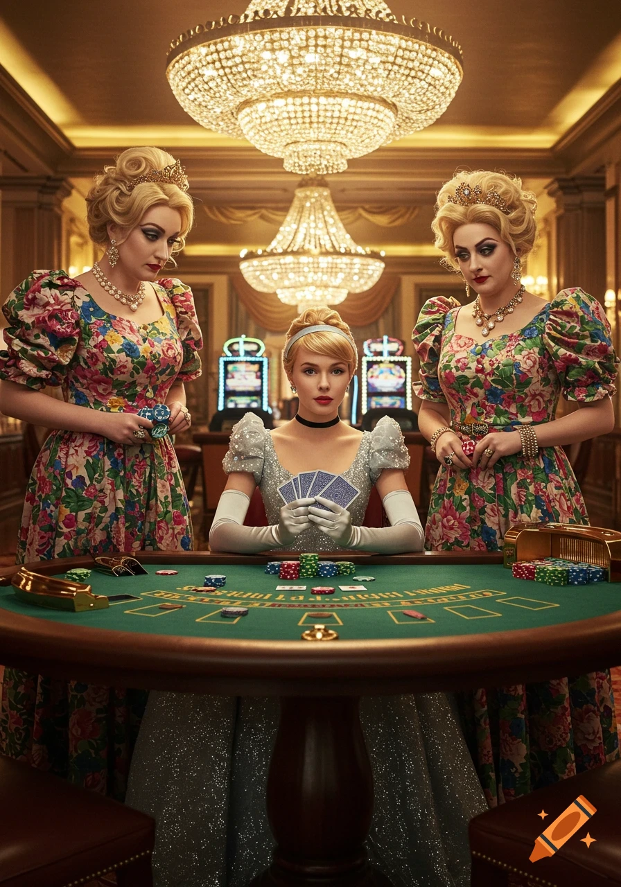 Cinderella and her two stepsisters play blackjack at a casino table in a luxurious room with chandeliers.