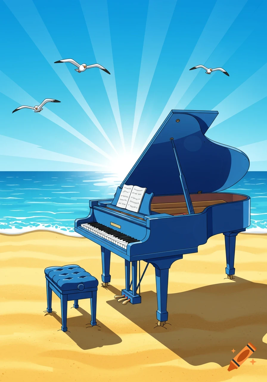 A blue grand piano and stool sit on a sunny beach next to the ocean under a bright blue sky with seagulls flying, in a cartoon style.