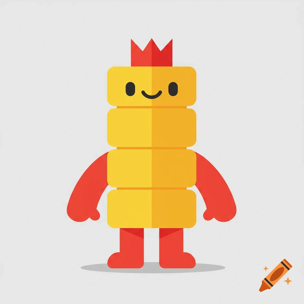 A minimalist cartoon character with a body of three yellow blocks, red arms and legs, and a small red crown on its head, smiling.
