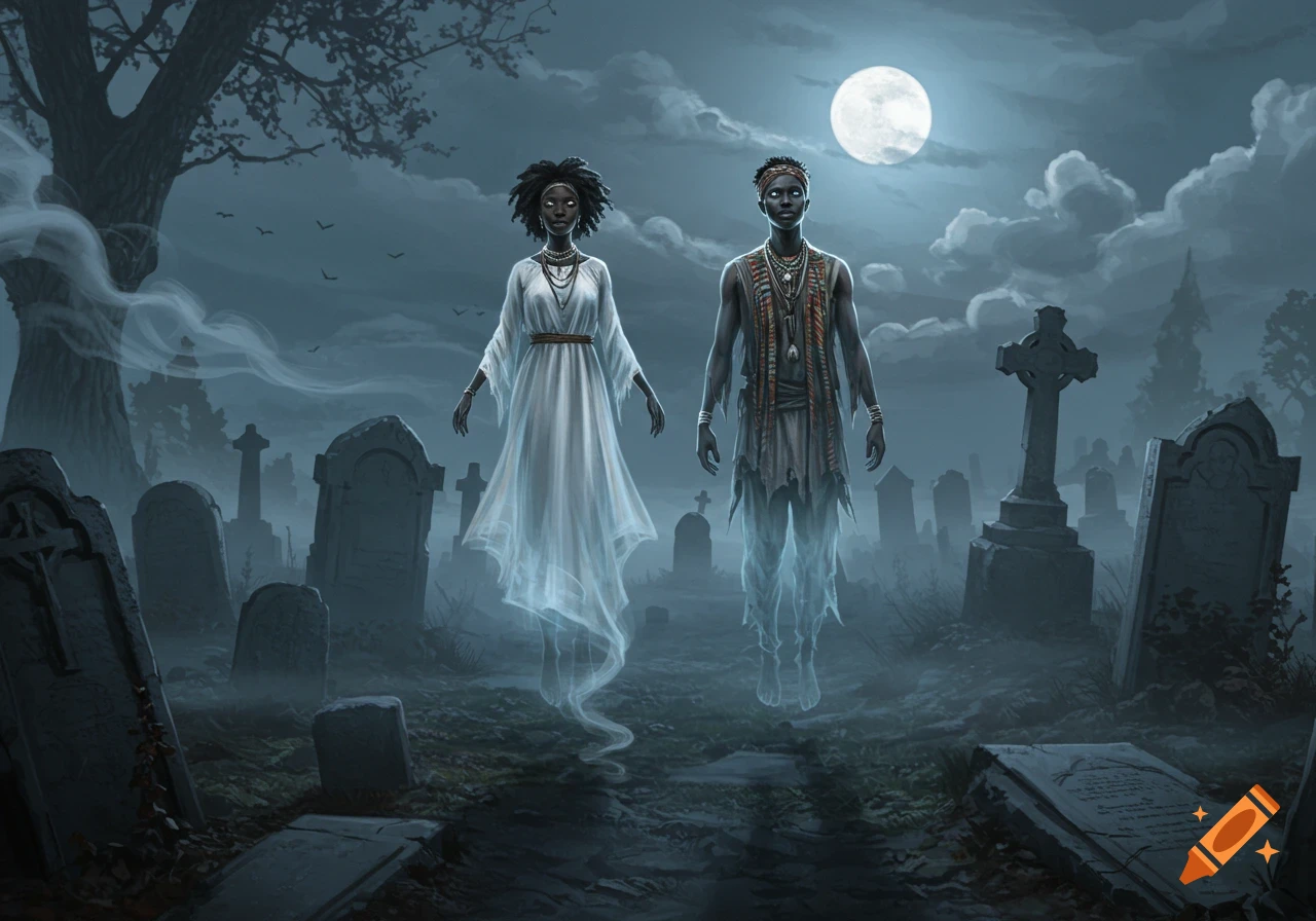 Two spectral figures, an African man and woman, float ethereally in a moonlit graveyard among tombstones and mist in a dark fantasy style.