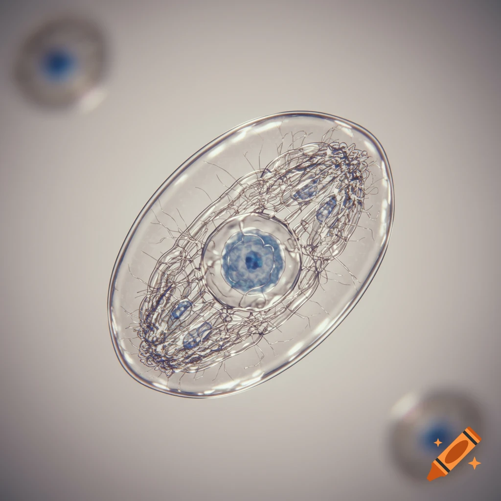 A close-up microscopic view of a transparent, oval-shaped cell with a blue nucleus and intricate internal structures.