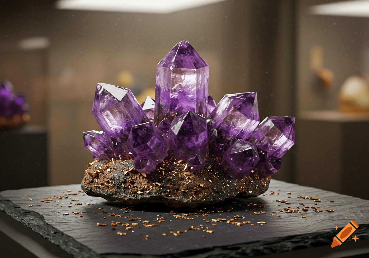 A detailed close-up of a vibrant purple amethyst crystal cluster on a dark, textured rock base, resting on a slate surface.