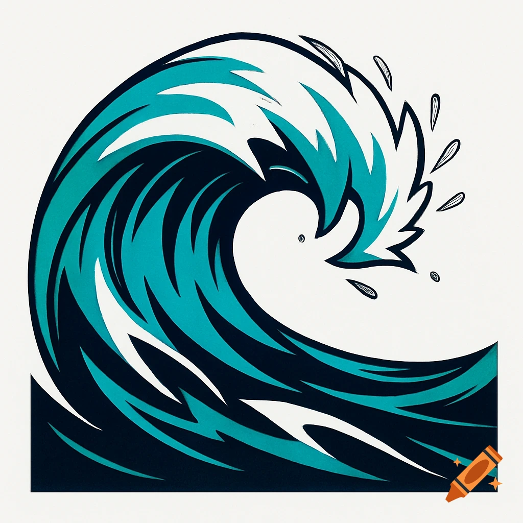 A stylized graphic illustration of a curling ocean wave in dark blue and teal with white foam, outlined in black.