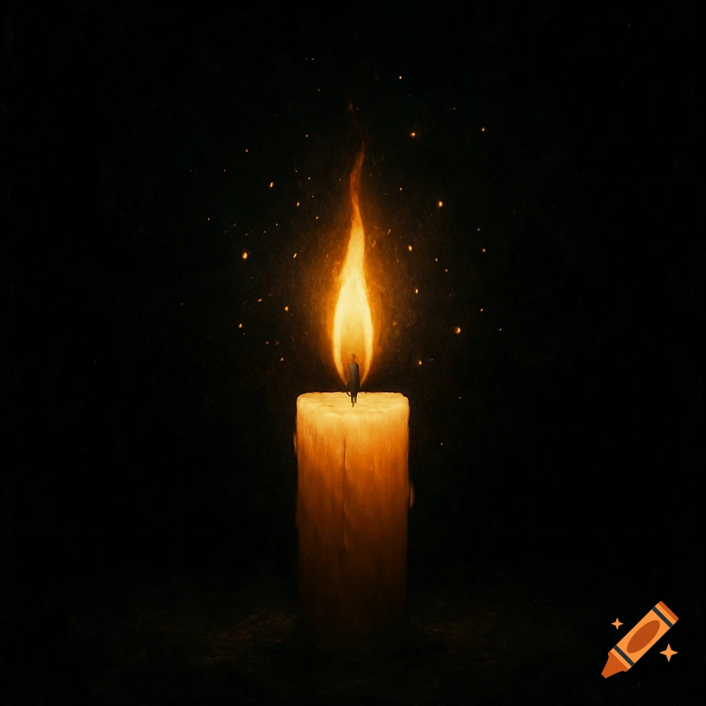 A glowing, tall candle with a tiny person standing on its wick, illuminating a dark, starry environment.
