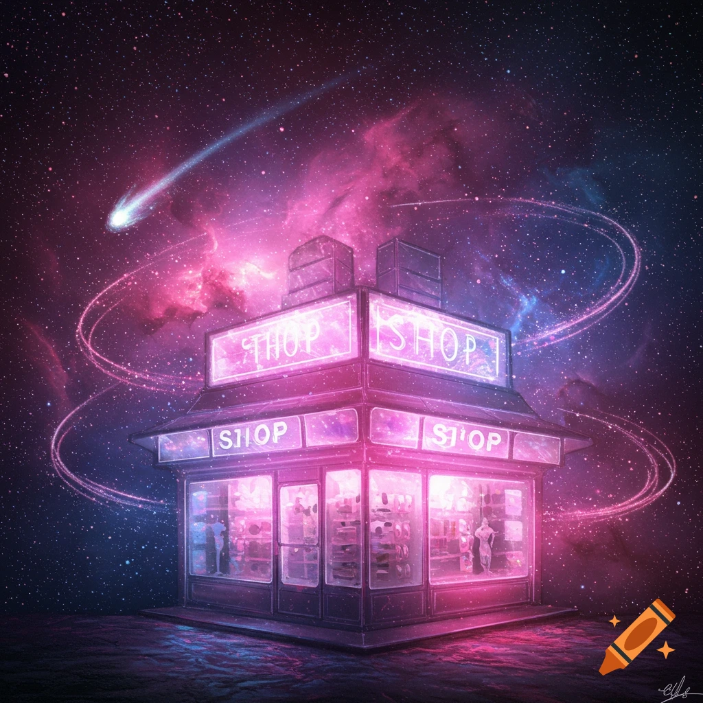A vibrant, glowing neon shop stands in outer space under a pink nebula, surrounded by stars and a streaking comet.