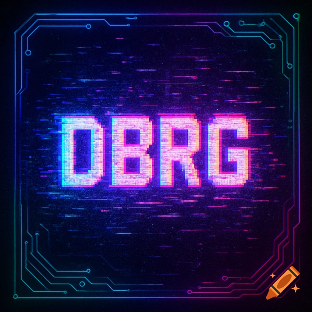 Pixelated neon text 'DBRG' with glitch effects, framed by a glowing circuit board outline on a dark background.