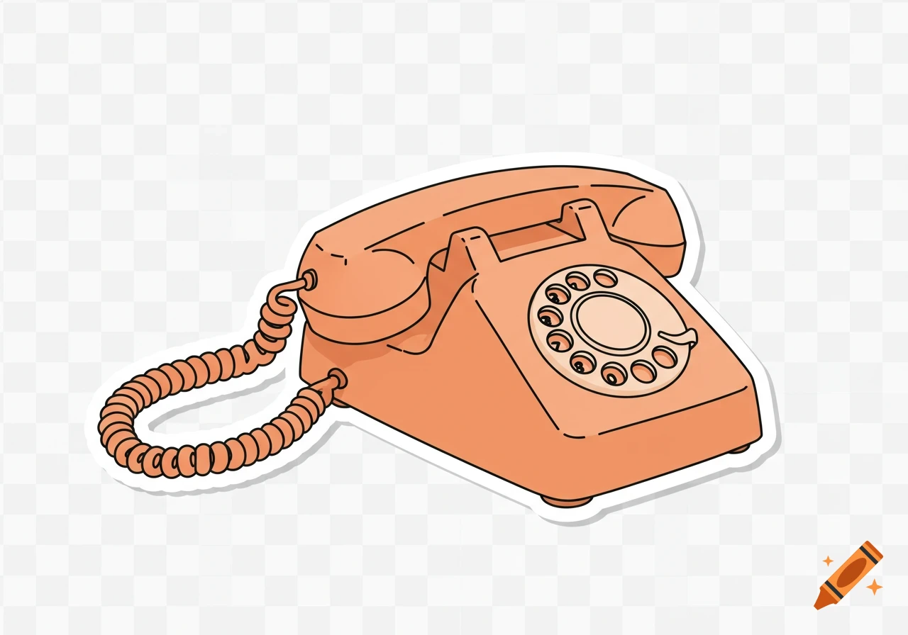 Flat, cartoon-style illustration of a light orange vintage push-button landline telephone with a coiled cord on a transparent background.