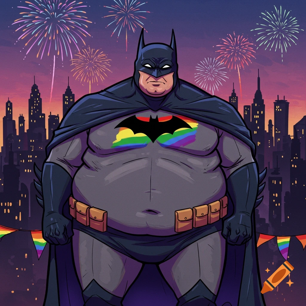 A cartoon of an obese Batman with a rainbow bat symbol, standing against a city skyline with fireworks and rainbow bunting at dusk.