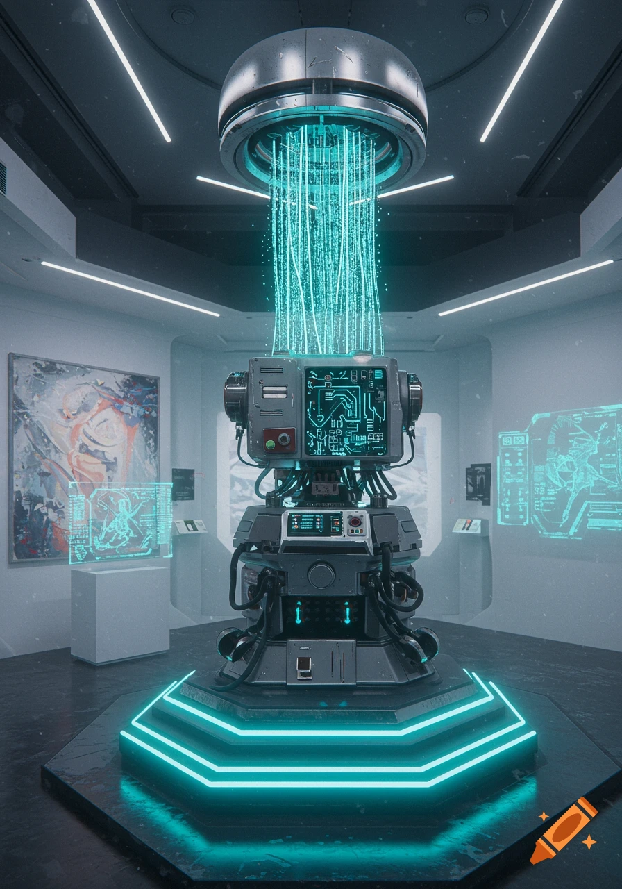 A futuristic, glowing machine with circuit displays stands in a high-tech gallery, rendered as digital art.