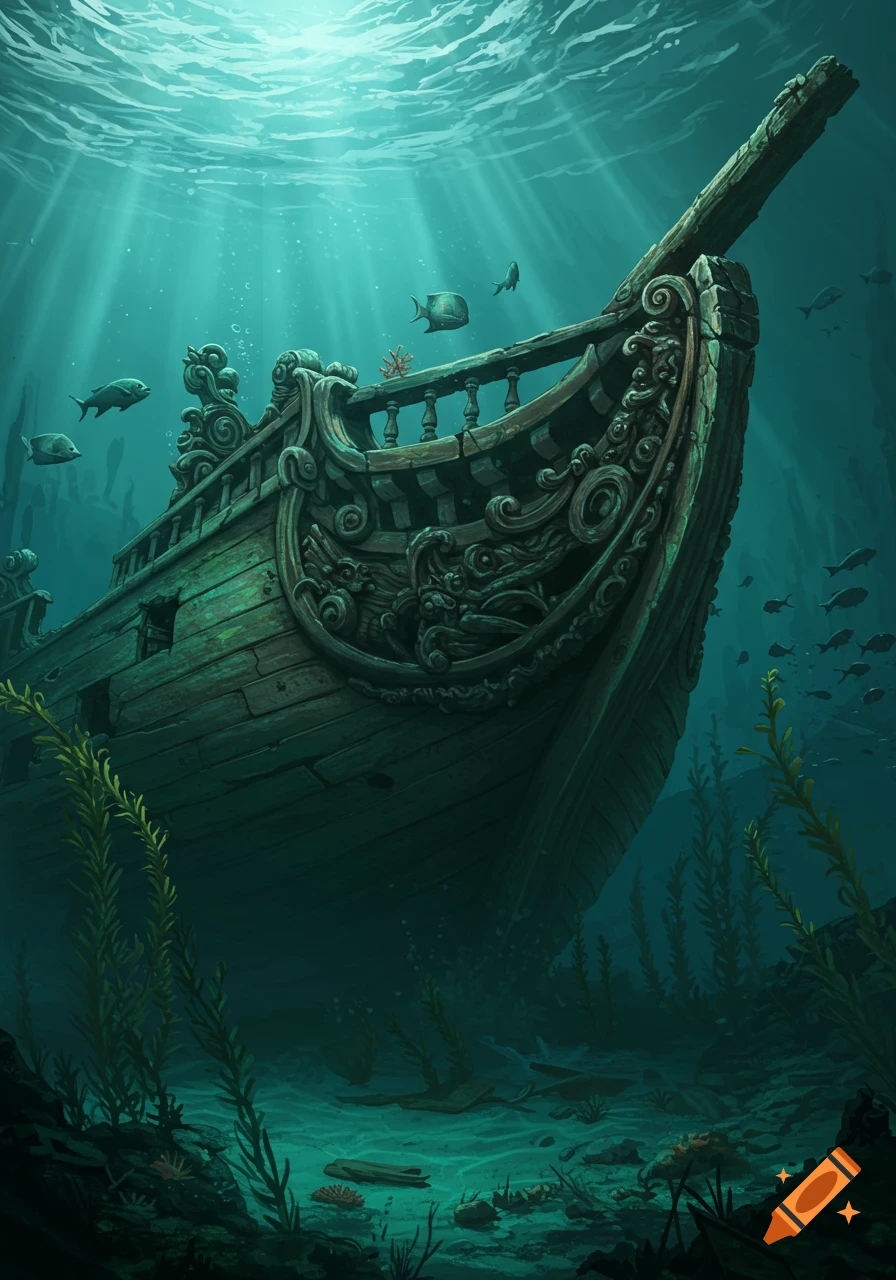 An intricately carved wooden shipwreck rests on the ocean floor, illuminated by sunlight filtering through the turquoise water, with fish and seaweed.