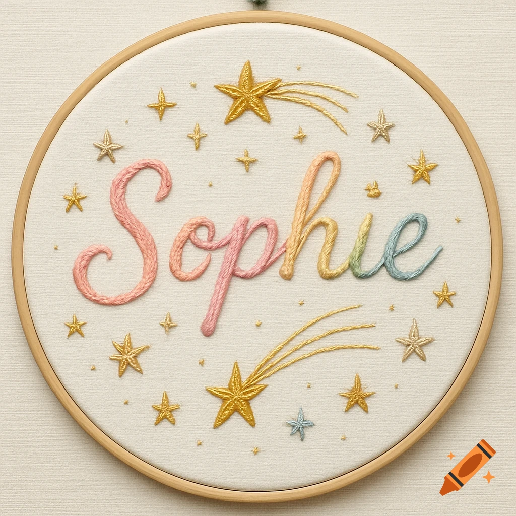 Embroidered hoop with the name Sophie in pastel rainbow thread, surrounded by golden and pastel stars.