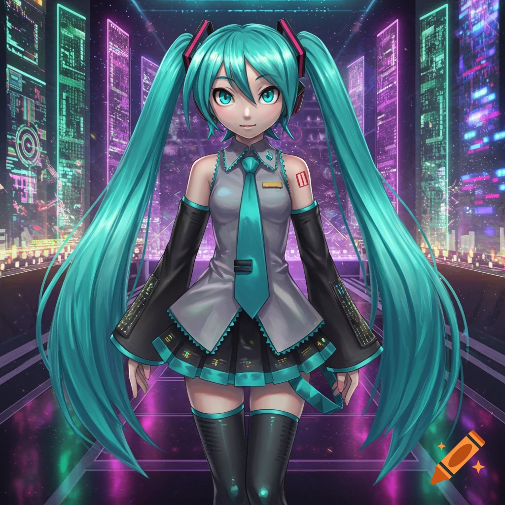 An anime illustration of Hatsune Miku with long teal pigtails, in her signature outfit, standing in a vibrant neon cyberpunk city.