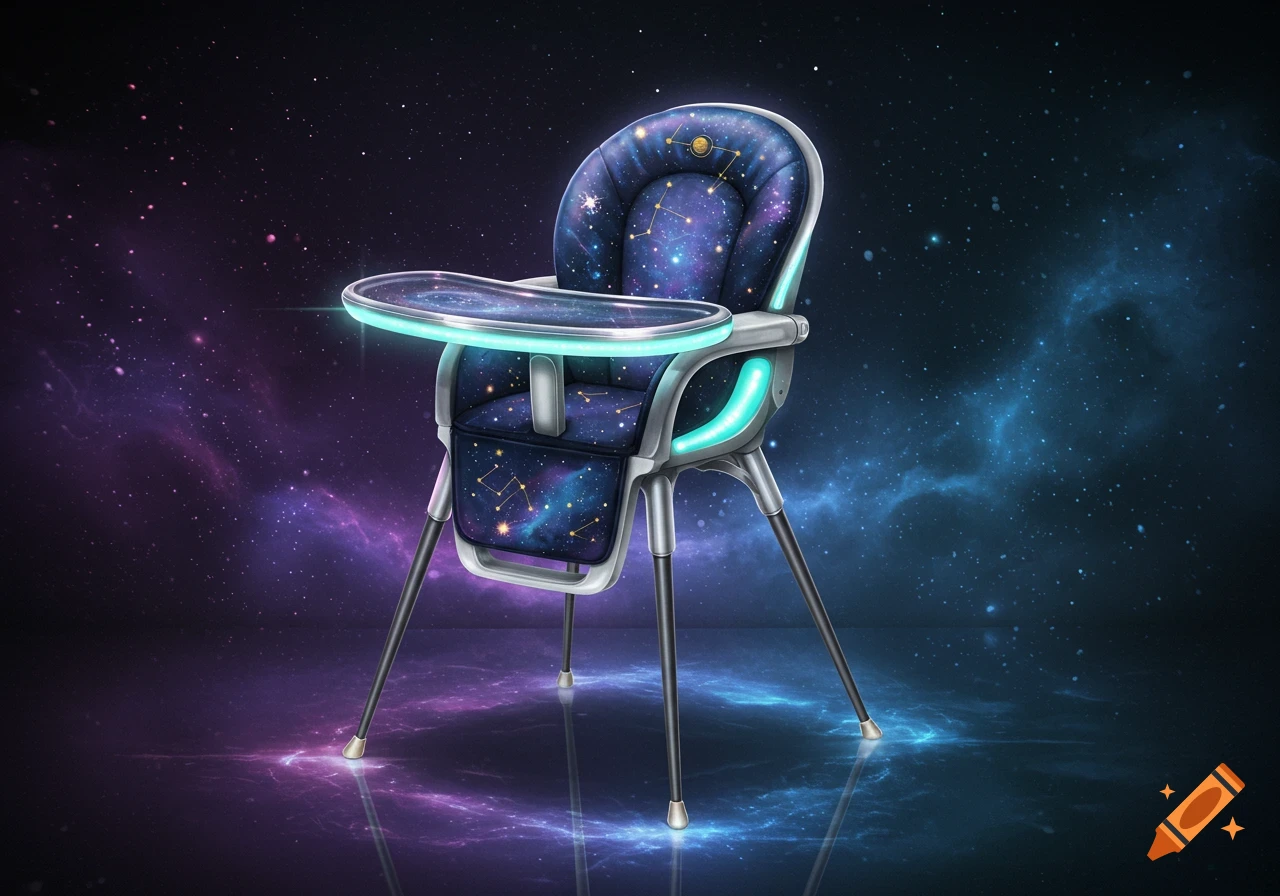 A galaxy-themed high chair with glowing blue accents on the tray and frame, featuring a dark blue seat with constellations against a cosmic purple and blue background.