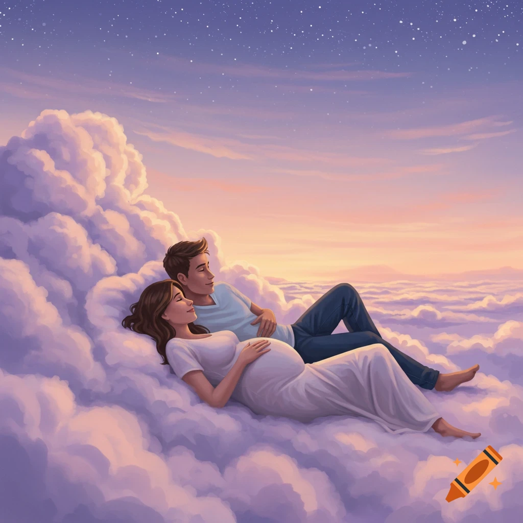 An illustration of a man and a heavily pregnant woman lying on soft, ethereal clouds, looking up at a starry, sunset sky.