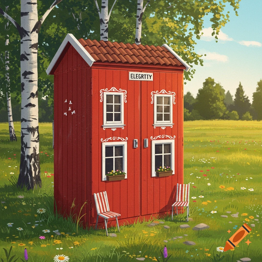 A red shed resembling a Swedish summer house stands in a vibrant green field with wildflowers and birch trees under a blue sky, in a charming illustration style.