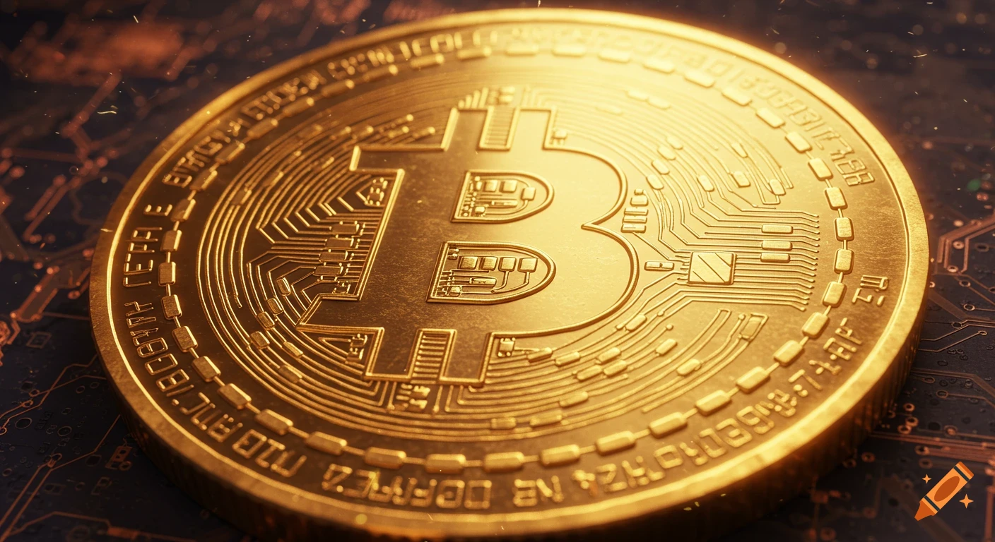 Close-up of a shimmering golden Bitcoin coin with circuit patterns on a dark electronic board.